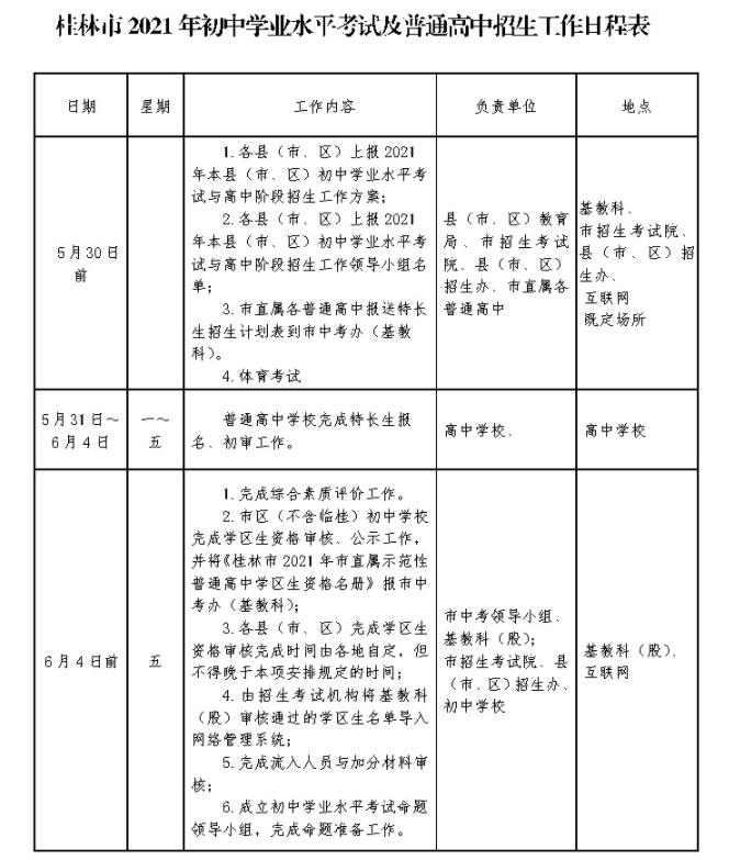 2021桂林中考招生日程时间表